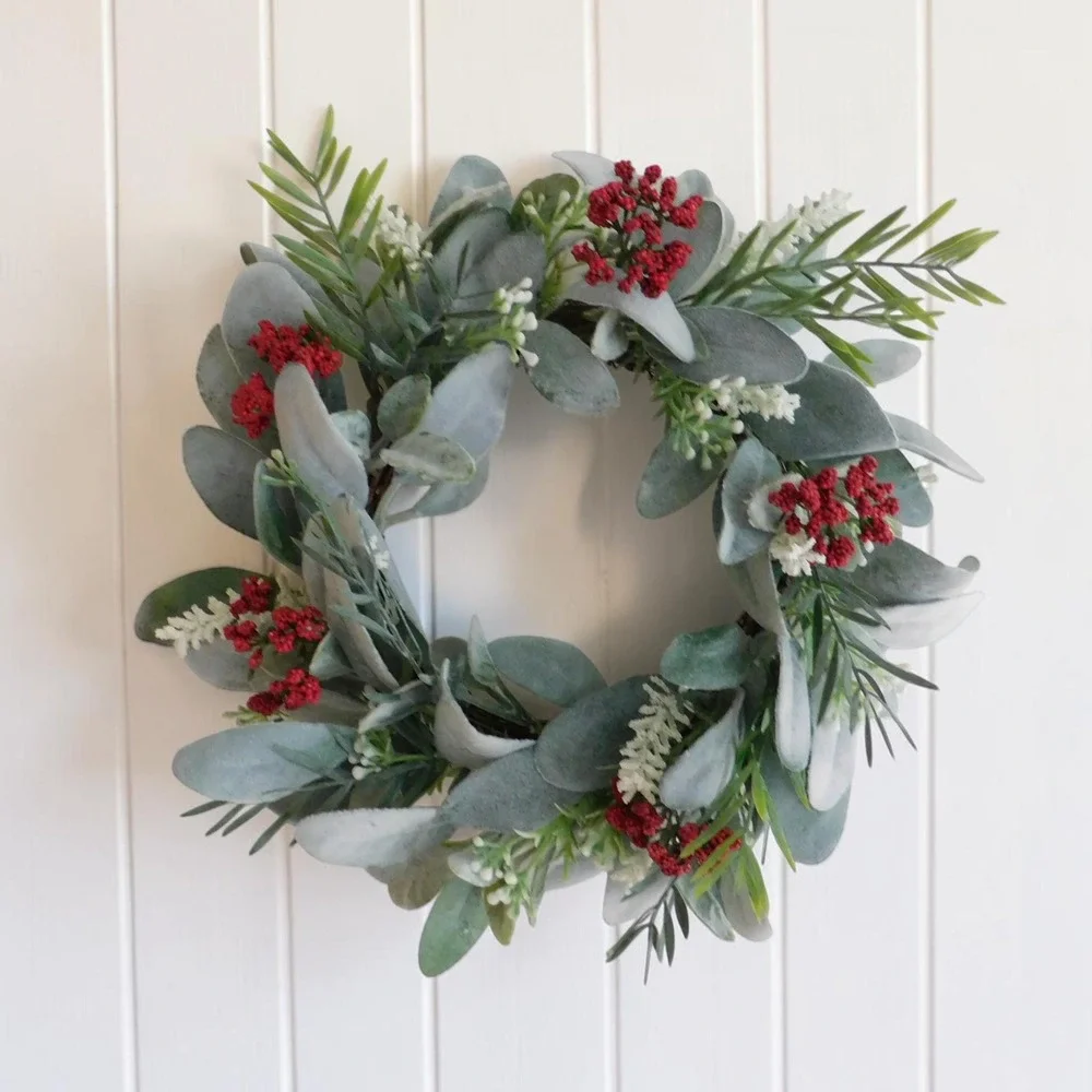 Christmas Wreath for Cabinet, Small Winter Lambs Ear Candle Ring